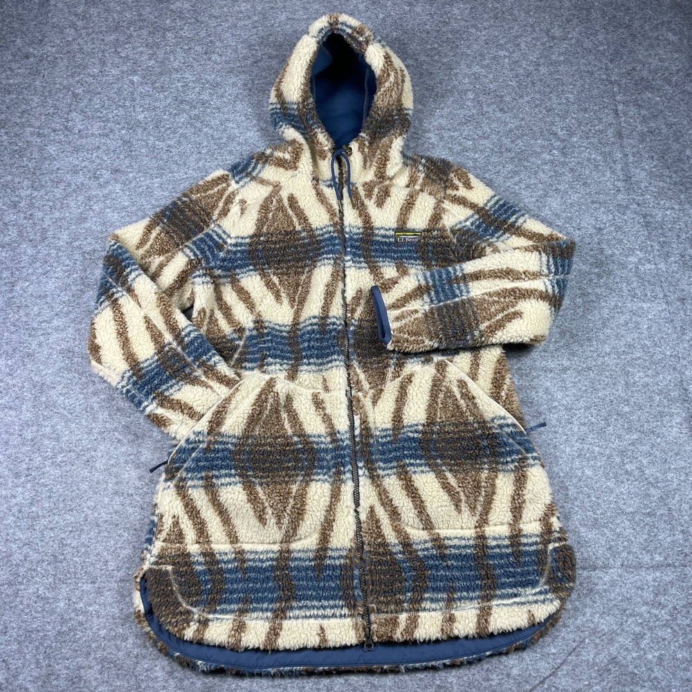LL Bean Fleece Hoodie Womens L Blue Brown Geometric Sherpa Full Zip Aztec Jacket